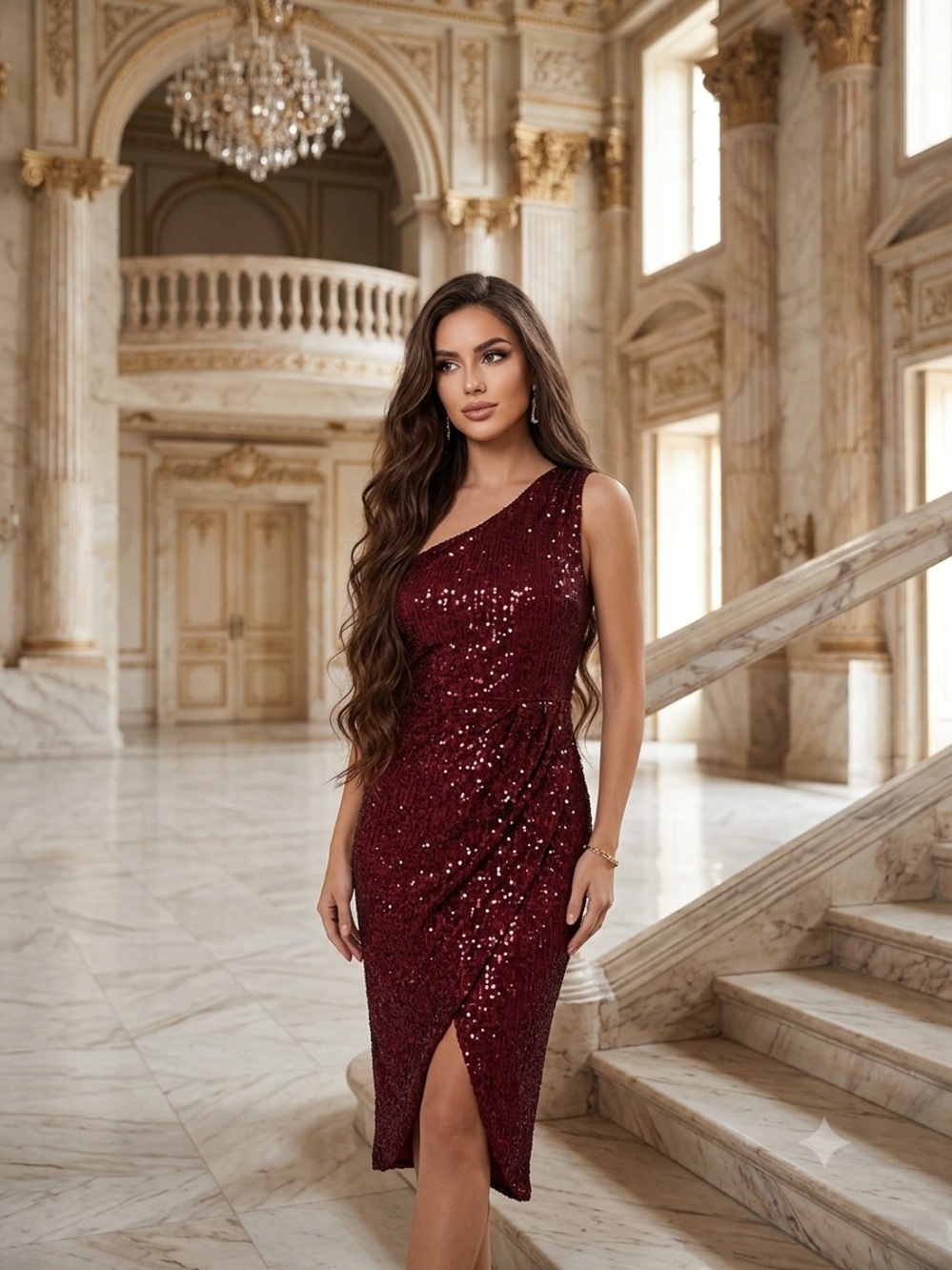 Lena One-Shoulder Sequin Dress in Burgundy